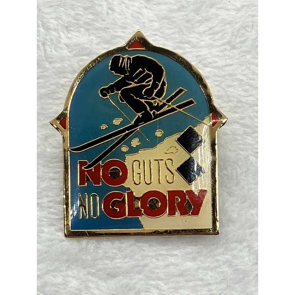 Vtg 80s No Guts No Glory Pin Brooch Skiing Ski Lapel Lanyard Sports Motivational